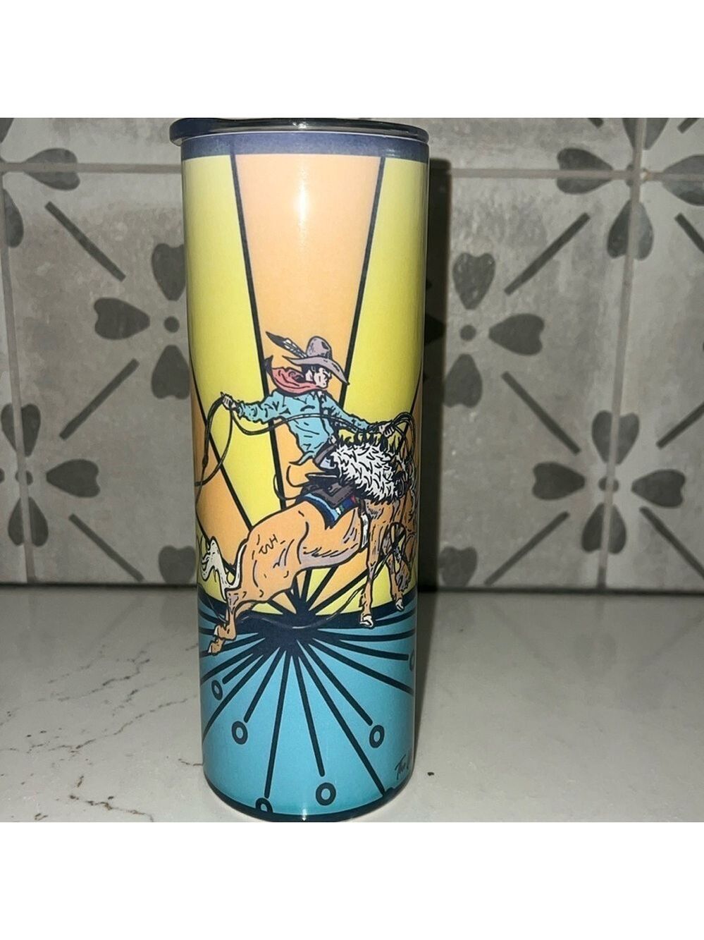 THE WHOLE HERD metal cowboy motif tall tumbler. Like new